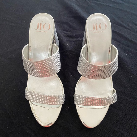 Silver & rhinestone slip on heeled sandals by JLO, size 10. - Picture 3 of 4
